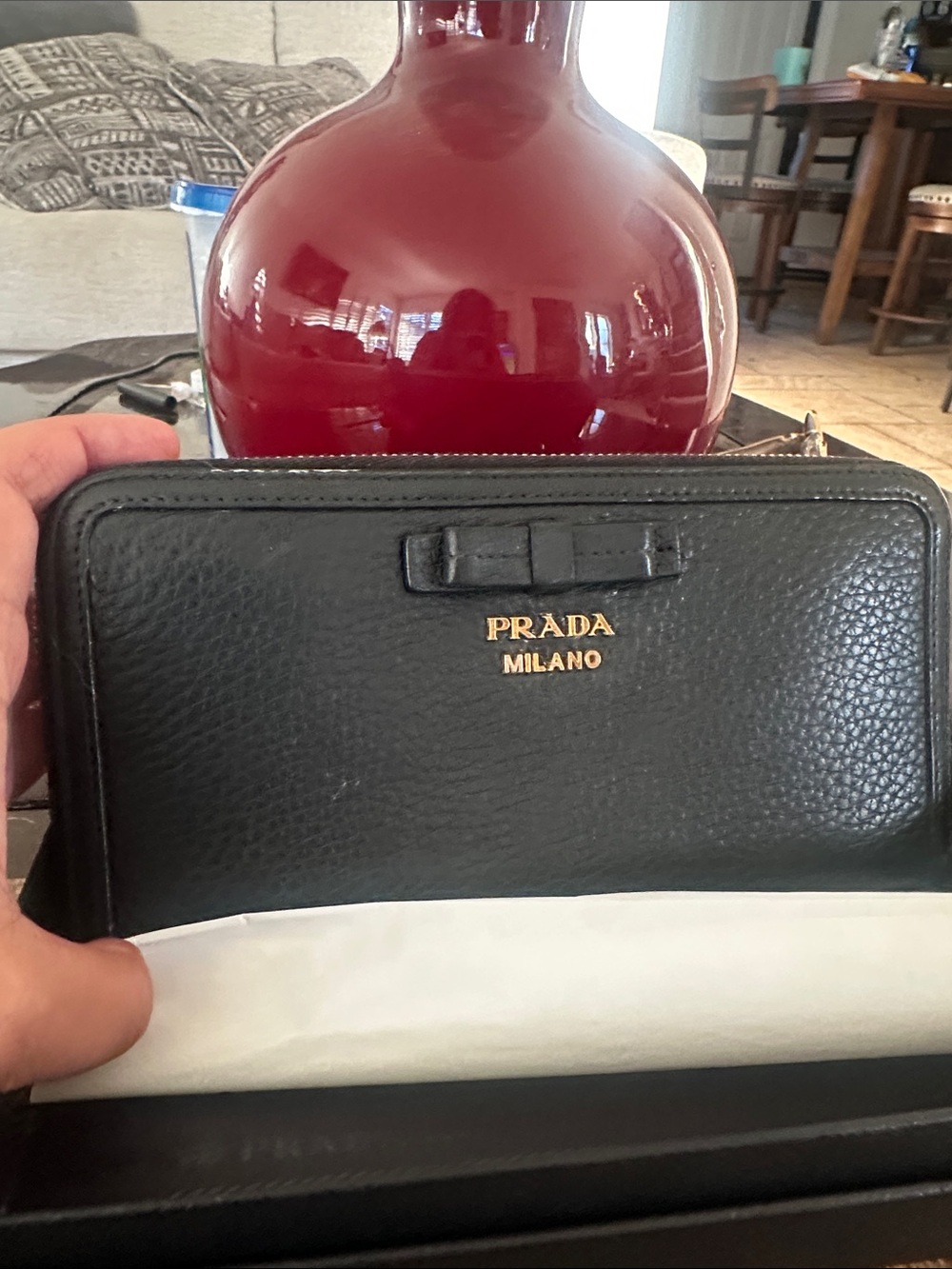 Prada Black Textured Leather Zip Wallet with Bow and Gold Logo